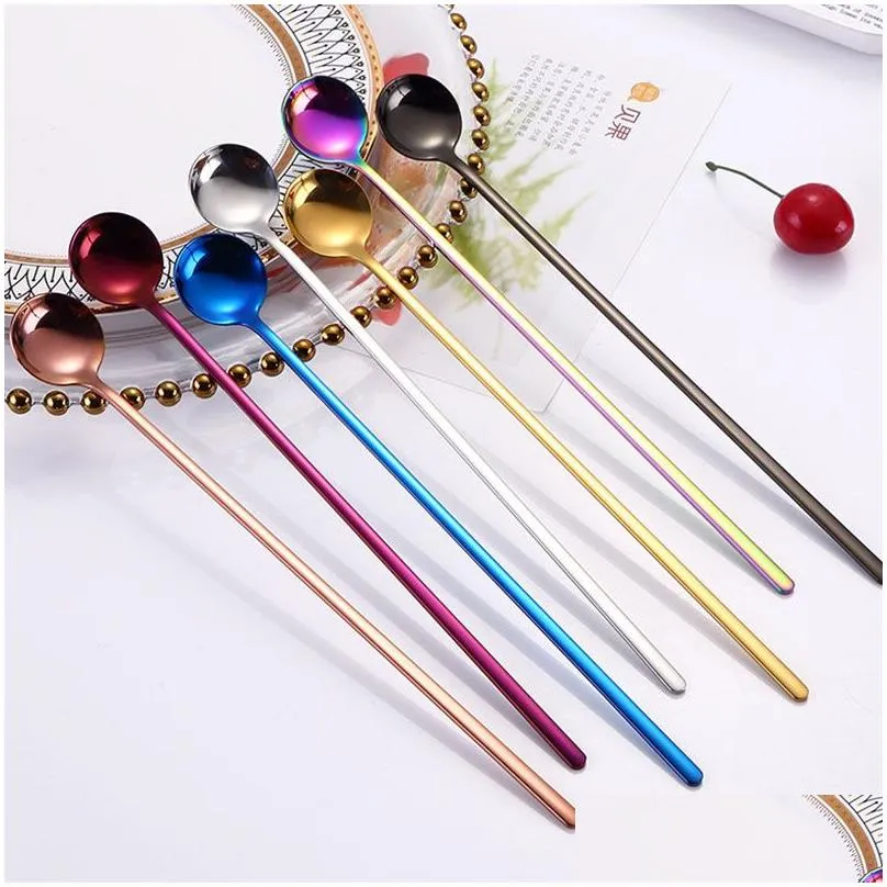 UPDATE Stainless Steel Coffee Scoops With Long Handle Colorful Kitchen Coffee Stirring Spoon Ice Cream Dessert Tea tools