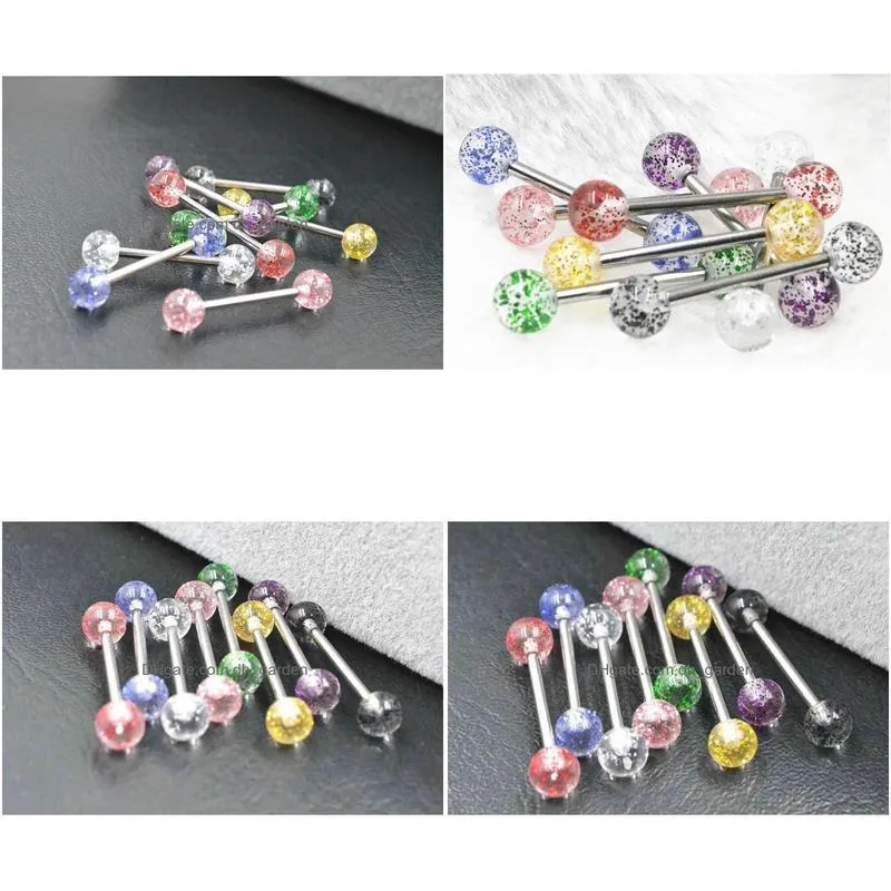 100pcs tongue/ nipple shield ring barbells straight bar 14g glitter balls body piercing jewelry