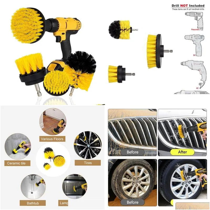 3pcs/set electric scrubber brush drill-brush kit plastic round cleaning carpet glass car tires nylon brushes