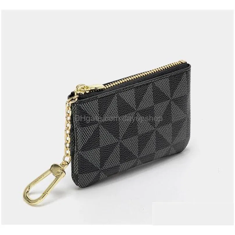 coin pouches keychains car key chains rings holder pu leather zipper bag black triangle plaid brown flower pendant design keyrings fashion accessories 7