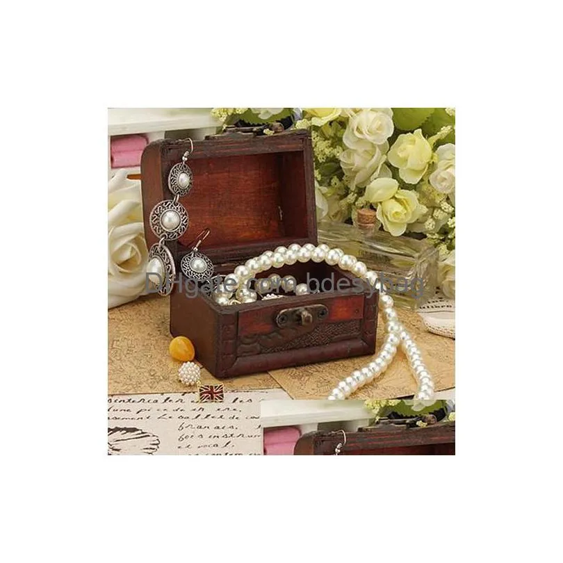 wooden gift box vintage metal lock jewelry treasure chest case manual pearl necklace bracelet storage organizer