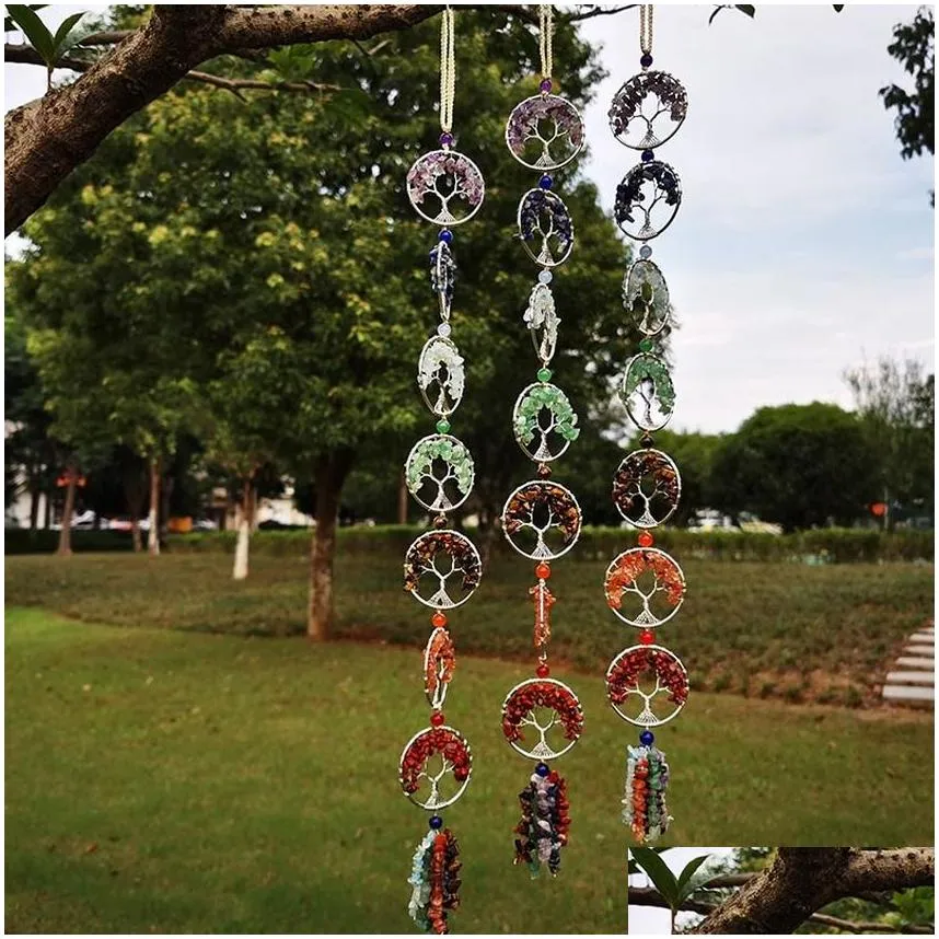 Yoga 7 Chakra Stones Healing Crystals Tree of Life Wall Hanging Pendant Ornament Decoration for Good Luck Reiki Yoga Meditation Home