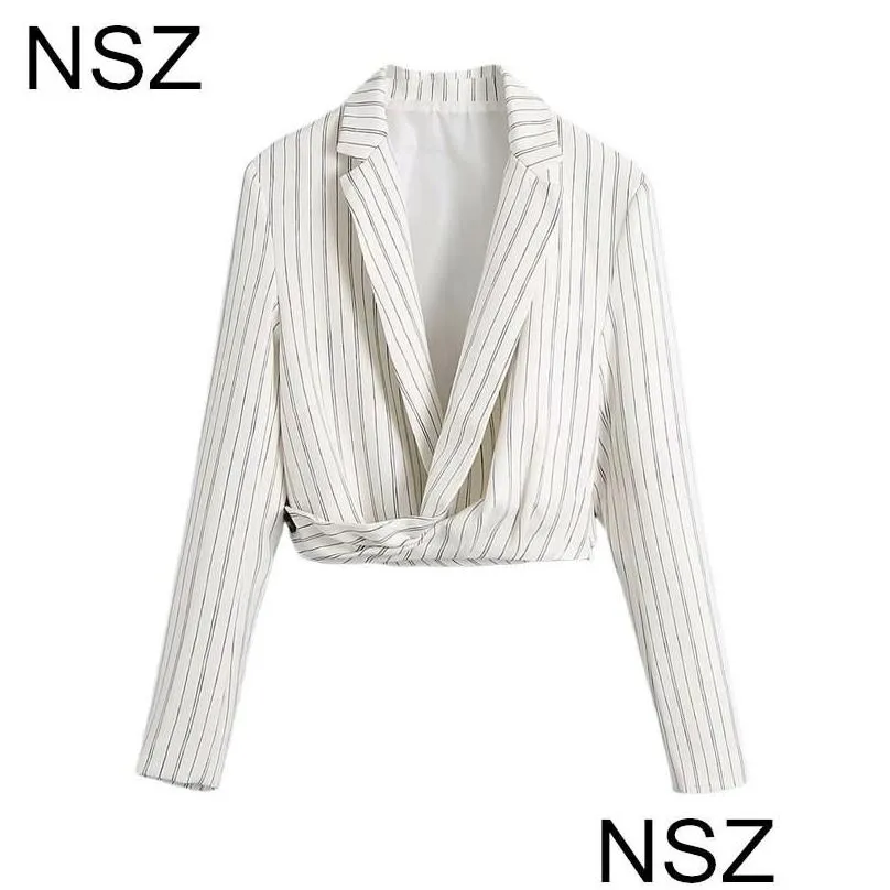 Women`s Suits & Blazers NSZ Women White Striped Cropped Blazer 2021 Elegant Chic Short Jacket Ladies Coat Outerwear