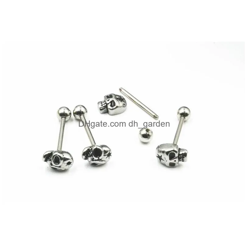 lo50pcs surgical steel punk emo skull startongue ring bar nipple barbells body piercing 14g~1.6mm arrived diy