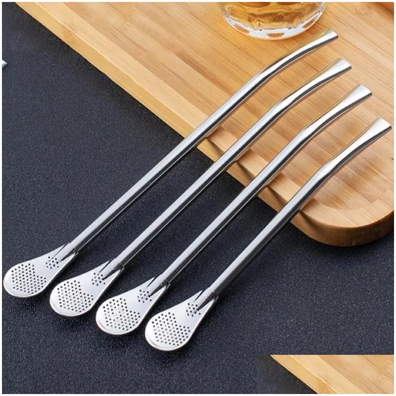 drinking straws teaspoon yerba mate party straw spoon long handle stainless steel 2pcs mixing bombilla filter for