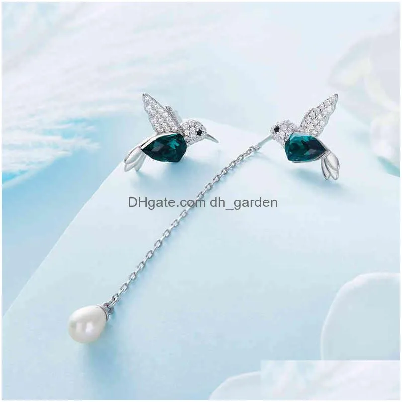 cocom s925 sterling silver hummingbird pearl earrings with green austrian crystals cute animal jewelry gifts for women and girls