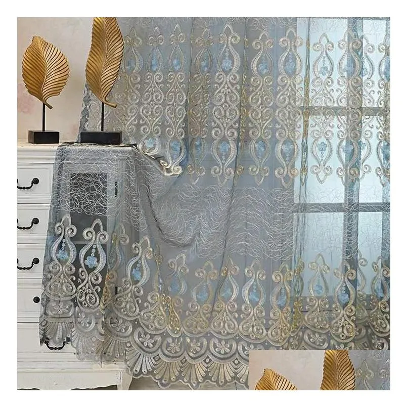 Curtain European Luxury Sheer Curtains For Bedroom Blue Floral Jacquard Romantic Patio Door Voile Panels Window Drapery