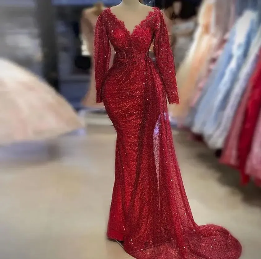 Charming Red Evening Dresses 2024 Mermaid Long Sleeves V Neck Formal Party Celebrity Gowns Robe De Soiree Arabic