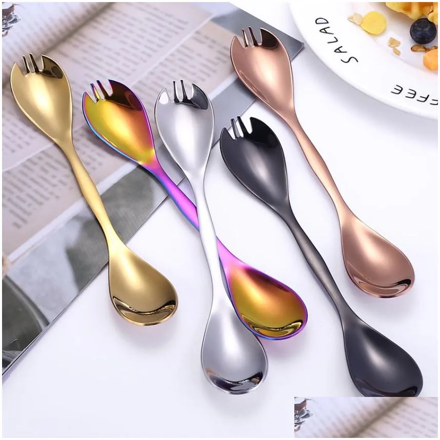 Stainless Steel Multifunction Double Head Spoon Fork Home Kitchen Dining Flatware Noodles Ice Cream Dessert Spoons Forks Cutlery Tool