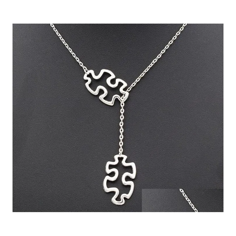fashion tibetan silver autism jewelry awareness jigsaw double puzzle piece pendant adjustable cross lariat necklace gifts