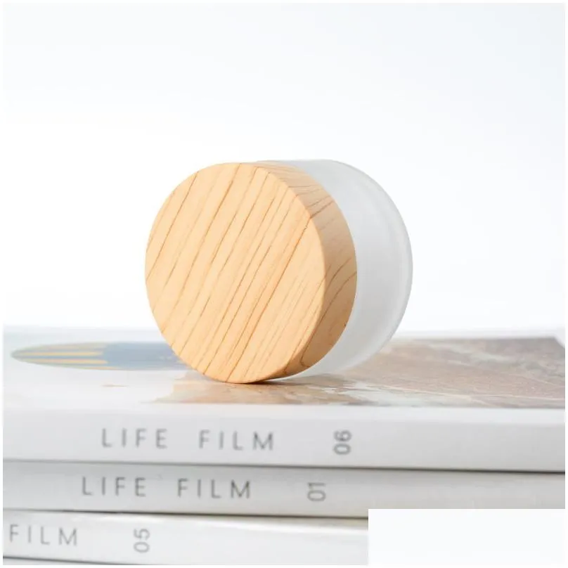 5/10/15/30/50g frosted glass jar skin care cream refillable bottle cosmetic container with wood grain lid eye cream jars f1100