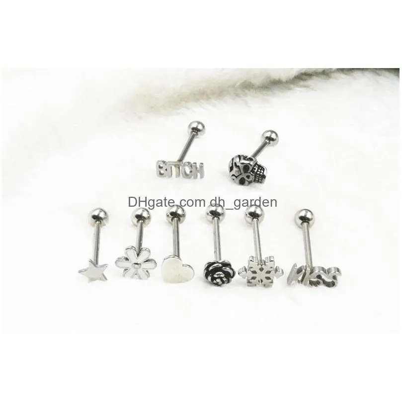 lot50pcs shippment body piercing jewelry- punk emo tongue ring bar nipple barbells 14g heart skull flowers mix