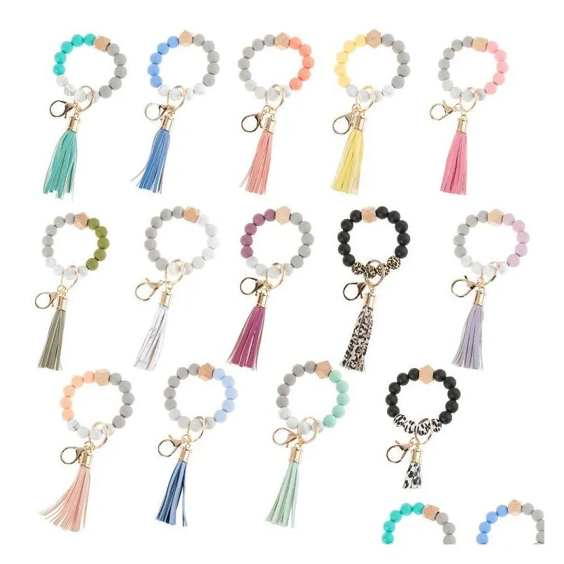 14 colors wooden tassel bead string bracelet keychain food grade silicone beads bracelets women girl key ring wrist strap