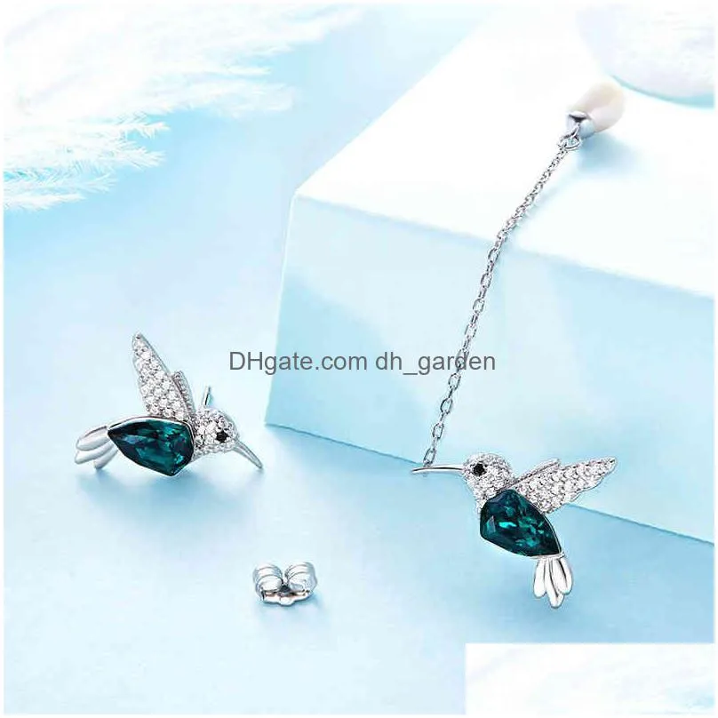 cocom s925 sterling silver hummingbird pearl earrings with green austrian crystals cute animal jewelry gifts for women and girls