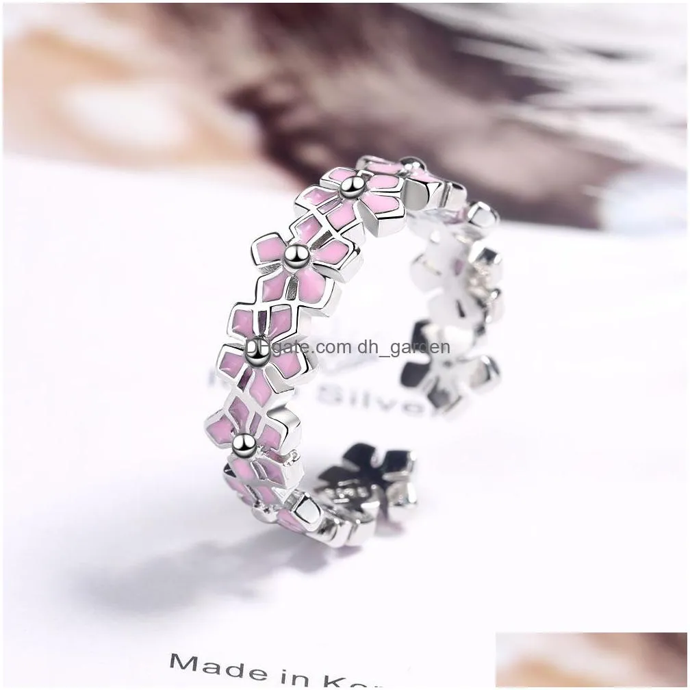 lvc117 sweet pink flower resin 100% 925 sterling silver ladies open ring promotion gift drop