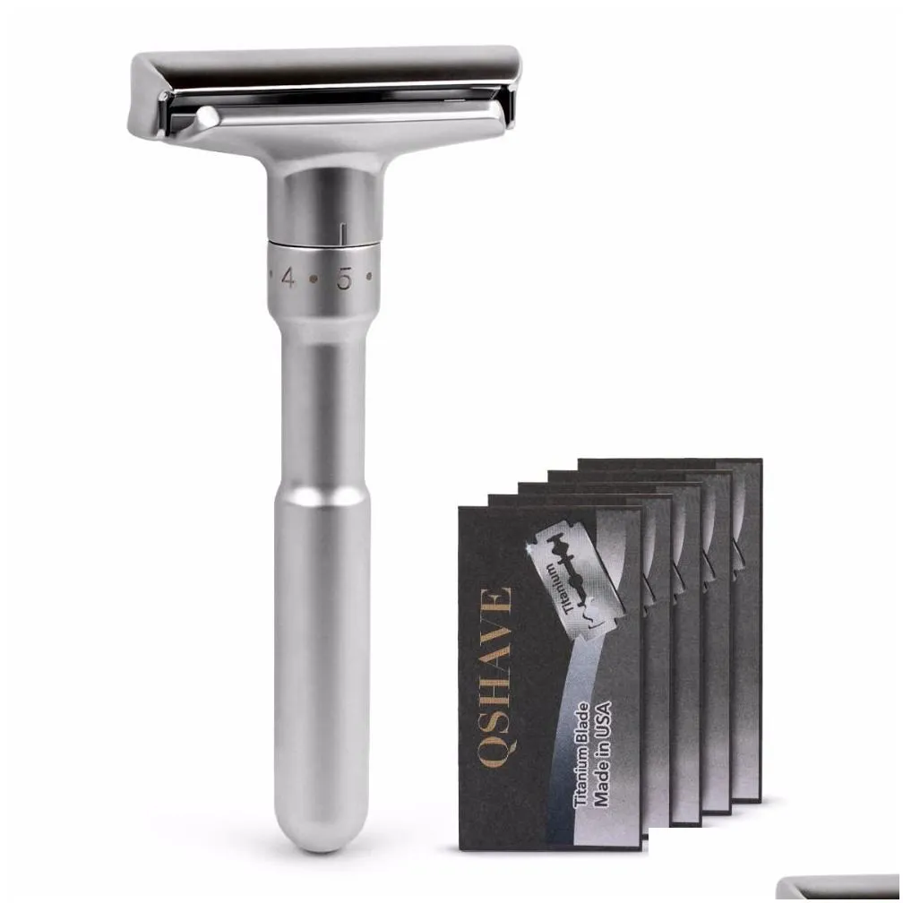 Adjustable Safety Razor Double Edge Classic Mens Shaving Mild to Aggressive 1-6 Files Shaver Hair Removal with 5 Blades