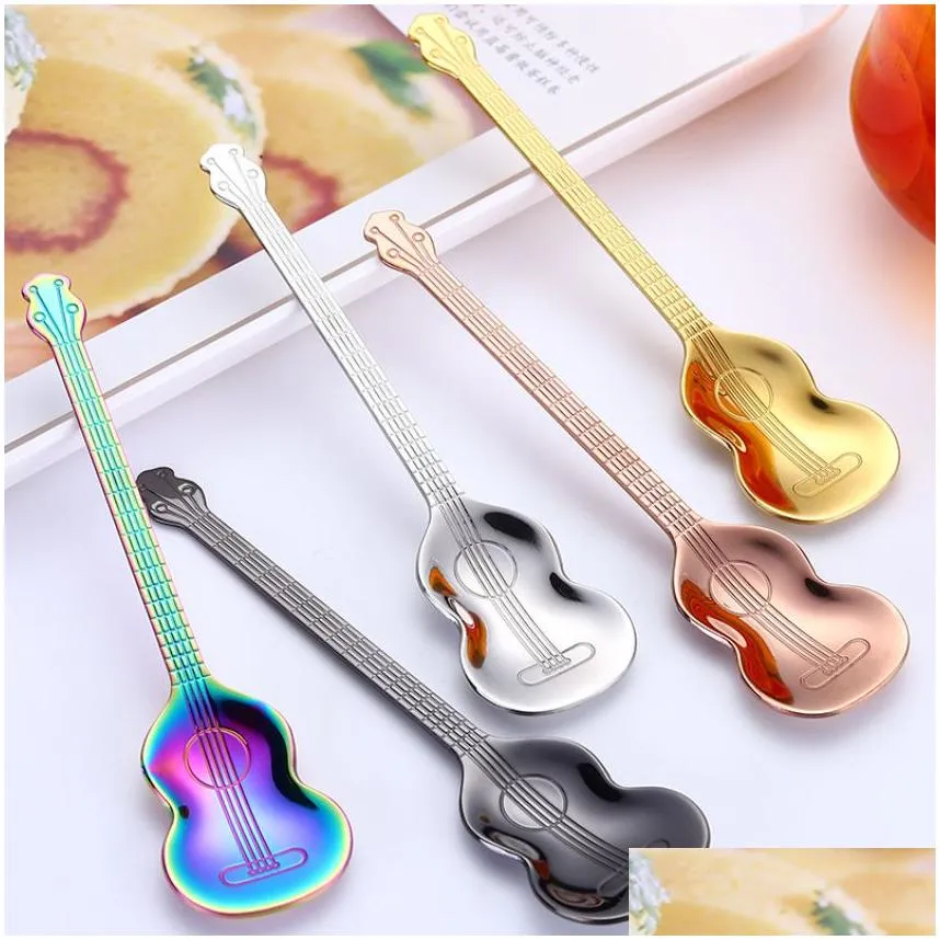 Kitchen Music Musical Instrument Coffee Spoon Guitar Stainless Steel Home Kitchen Dining Flatware Ice Cream Dessert Spoons Cutlery