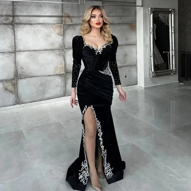 Designer Black Mermaid Evening Dresses Moroccan Caftan Applique Long Sleeves Prom Gowns Split Women Party Guest Dress