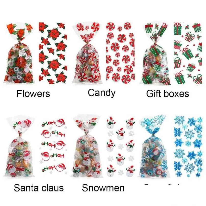 Christmas Decorations 50PCS Merry Candy Bags Santa Claus Plastic Treat Bag Xmas Year Biscuit Gifts Box Decoration