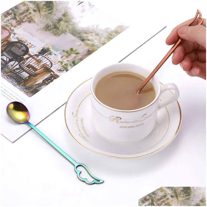 Angel Wing Tail Spoon Stainless Steel Home Kitchen Dining Flatware Feather Dessert Coffee Spoons Cutlery Home Bar Tool For Wedding