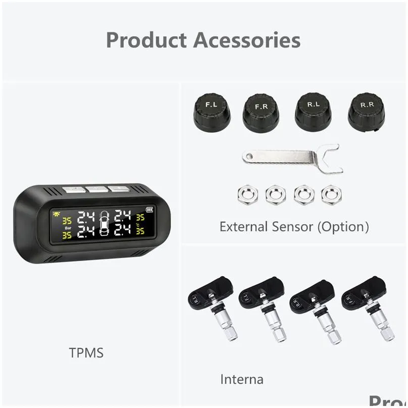 solar tpms car tire pressure alarm monitor system display attached to glass tpms temperature warning with 2 sensors