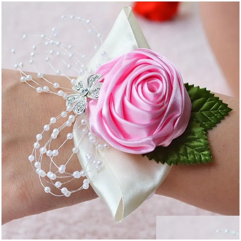 Rose Pearl Wrist Corsage Bridesmaid Hand Flowers Artificial Bride Flowers For Wedding Party Decoration Bridal Prom S6076