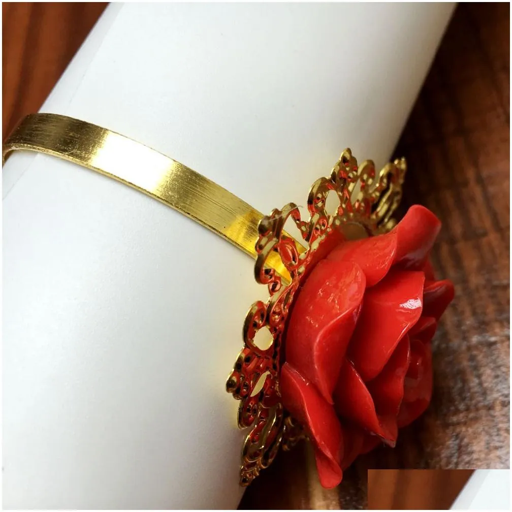 Wholesale- 50Pieces Red Rose Flower Decor Gold Napkin Ring Holder Hoops Romantic Nice Looking Weeding Party Table Decoration