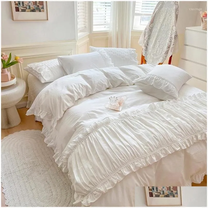Bedding Sets Washed Cotton Duvet Cover Set Queen Korean Plain Double King Size Quilted Bedspread Lace Bow Soft 4pcs For Girl