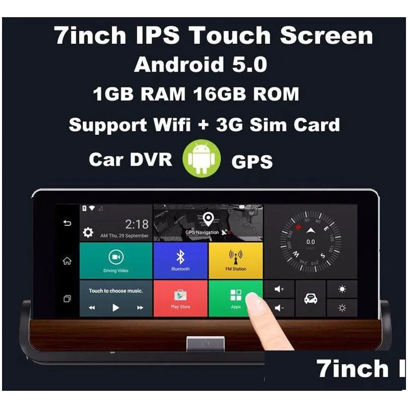 7 inch 3g bluetooth wifi android 5.0 car dvr gps navigation hd 1080p dual lens rearview camera 16gb navigation maps