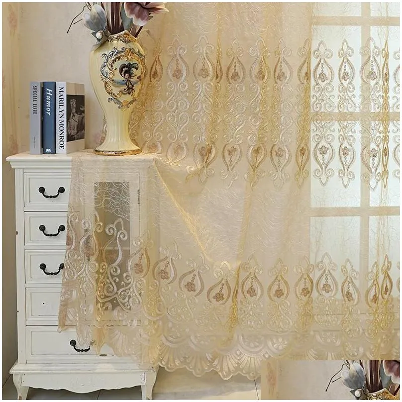 Curtain European Luxury Sheer Curtains For Bedroom Blue Floral Jacquard Romantic Patio Door Voile Panels Window Drapery