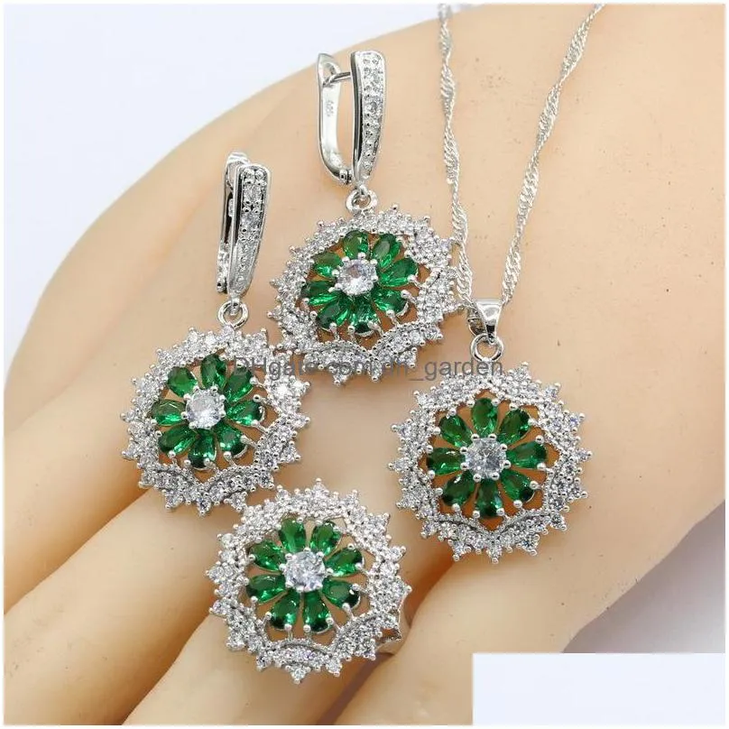 925 silver jewelry sets for women green emerald necklace pendant bracelets earrings rings gift box