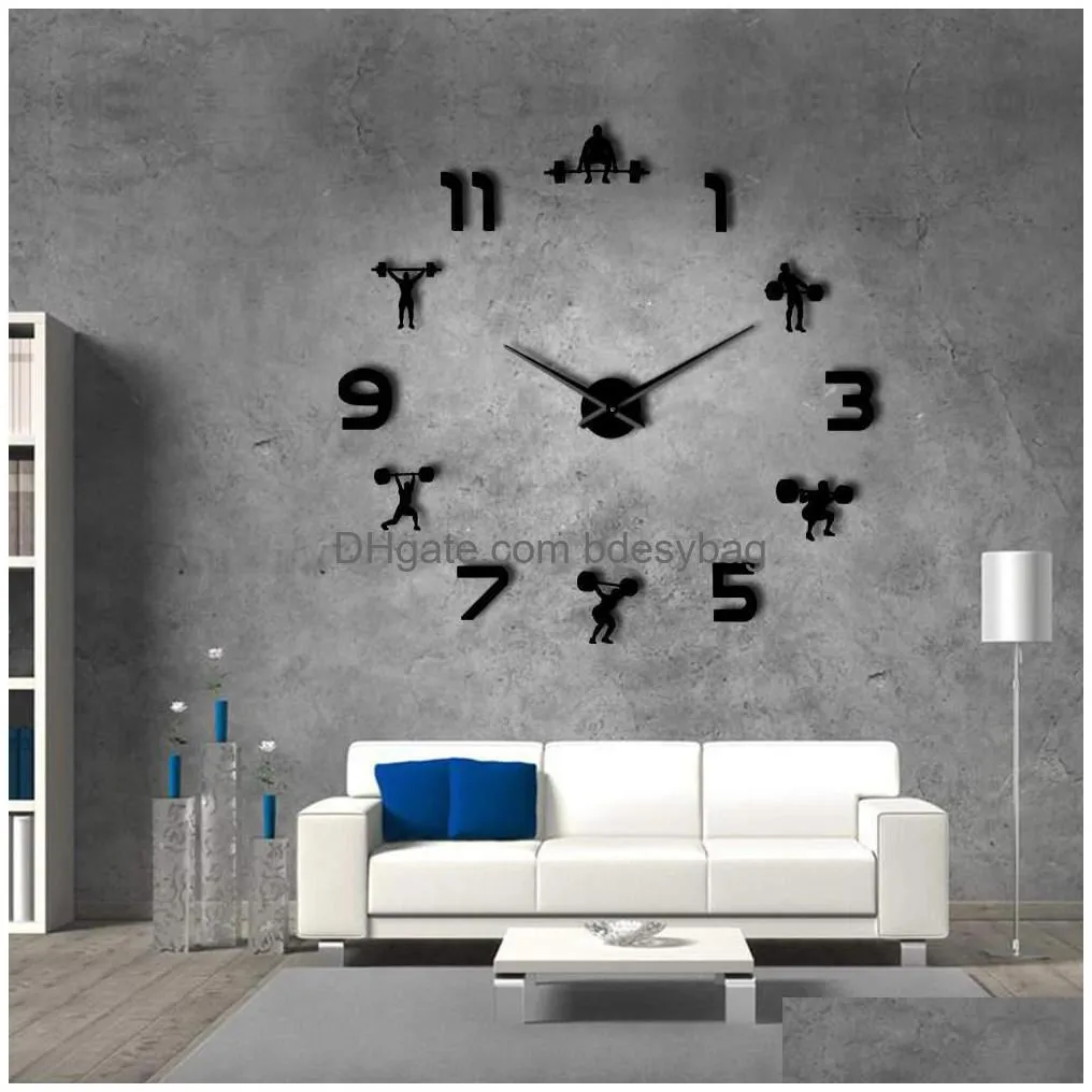 wall clocks weightlifting fitness room decor diy  clock mirror effect powerlifting frameless large gym watch