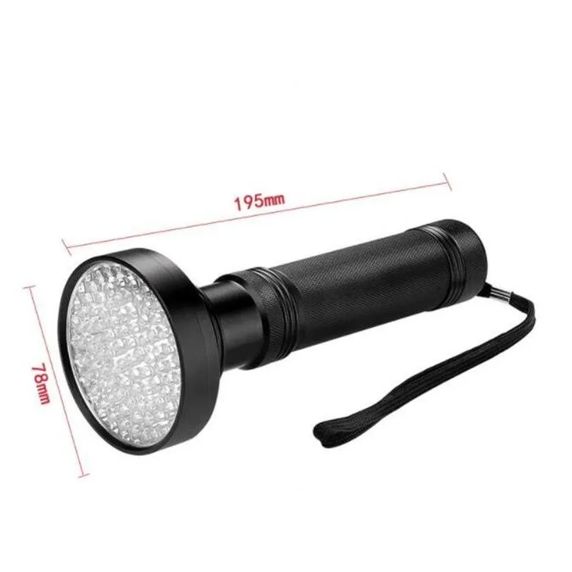 Black Silver 395-400nm 100LED UV Flashlight Blacklight Scorpion Super Bright Detection Flashlight Torch Portable Violet Light Money