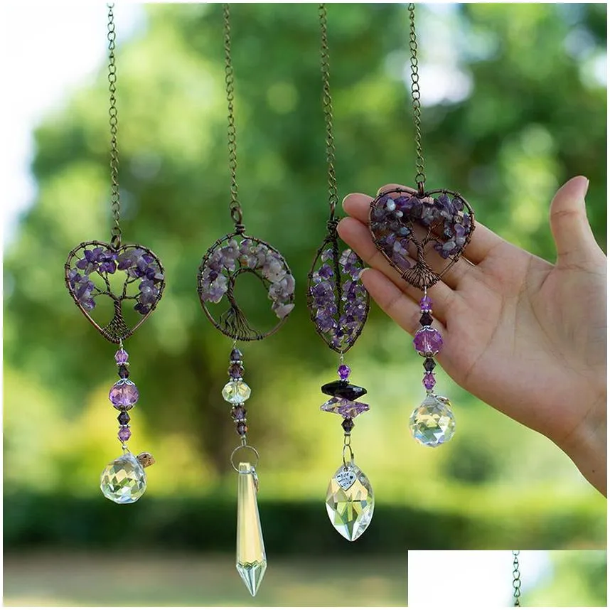 Amethyst Heart Tree Of Life wall hanging Healing Spiritual Window Hanging Decor Chakra Prism Natural Crystal Pendant Home Ornament