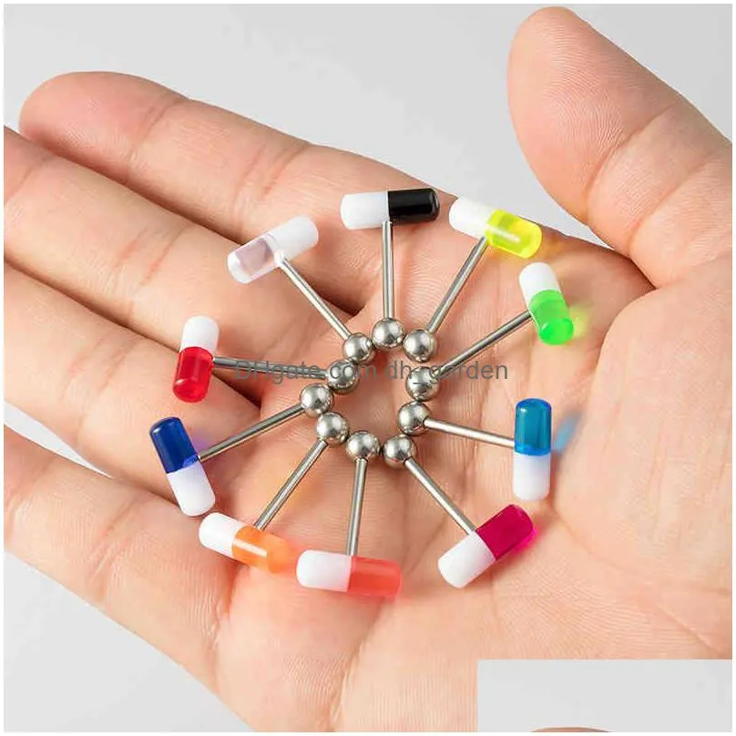 10pcs acrylic piercing rings capsule pill stud barbell tongue ring bar surgical steel unisex punk women body jewelry 14g