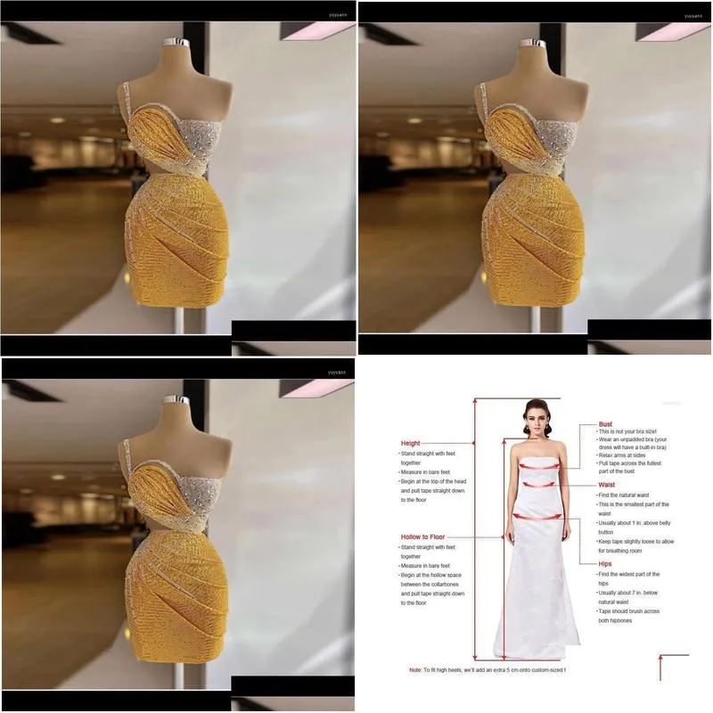 Casual Dresses Sparkling Party Gowns Short Custom Women Sequins One Shoulder Spaghetti Pleated Golden Yellow Formal Dress