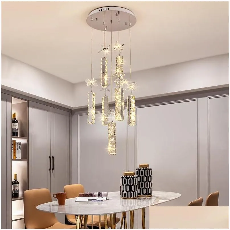 large luxury k9 crystal led chandelier lighting fixture rings dimond pendant hanging indoor lamp stair hall e14 chrome cristal