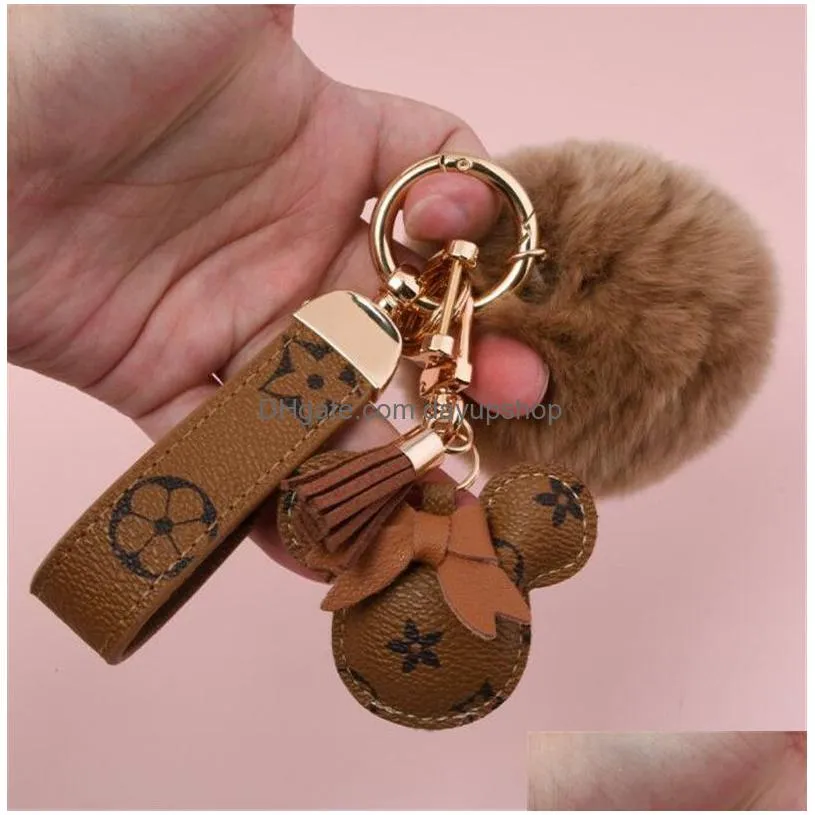 designer keychain bear mouse head leather fur ball pendant key chain bow car pendant metal fashion personality creative cute