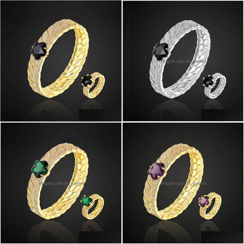 lanruisha brand luxury flower classic bangle with ring jewelry set color stone 3a cubic zircon micro pave setting bracelet