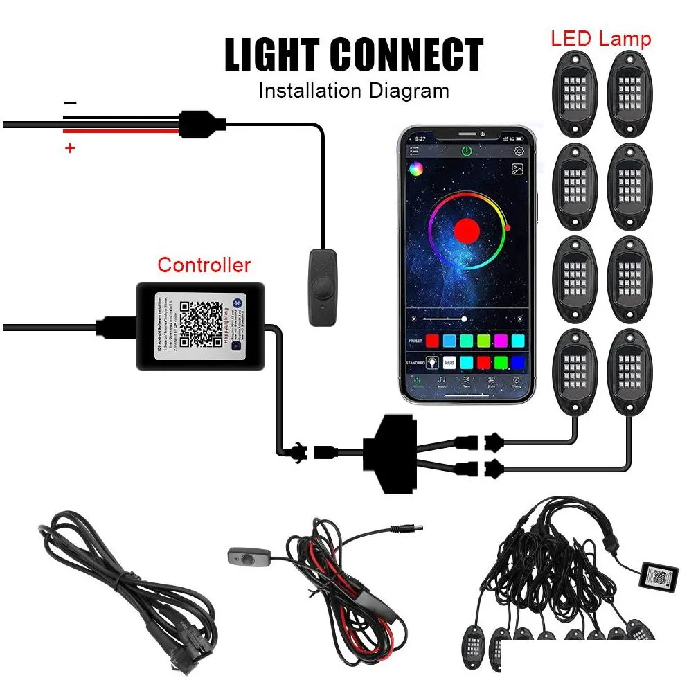 Car LED Rock Lights Music Sync Bluetooth APP Control 8 In 1 RGB Chassis Light Undergolw for Jeep Off-Road Truck Boat SUV