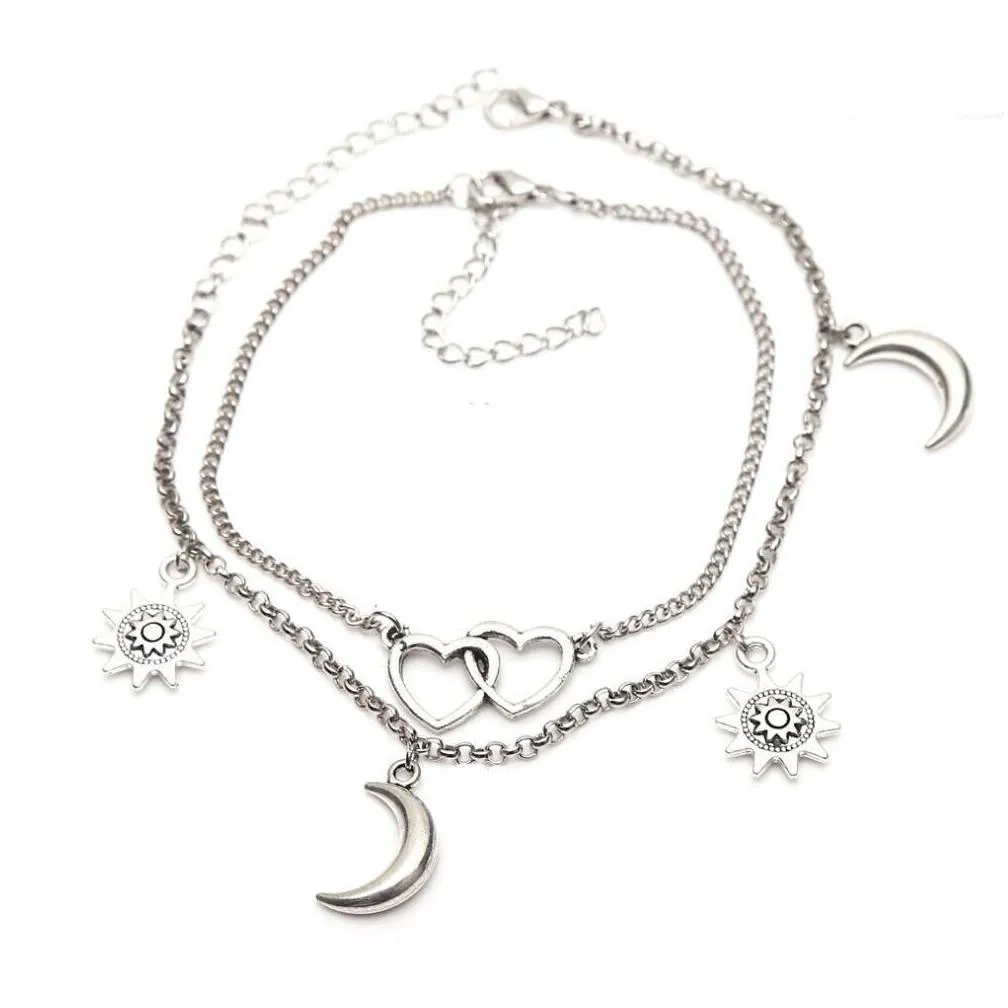 sun moon love multi layer anklets silver plated charm ankle bracelets anklets