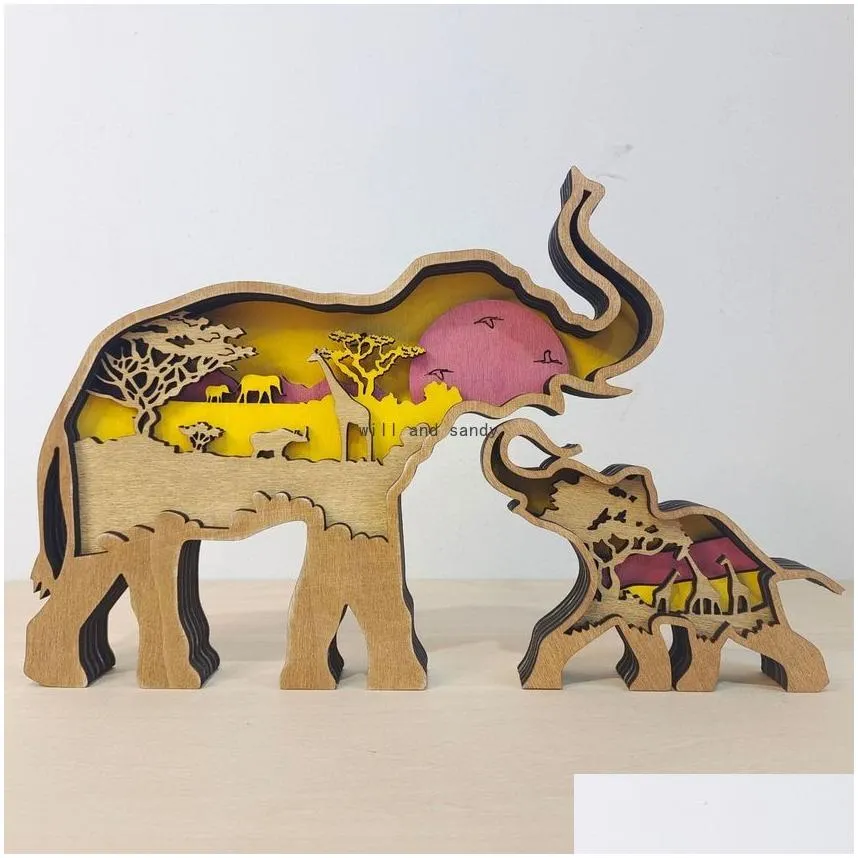 Mon Son Africa Elephant Craft 3D Laser Cut Wood Home Decor Gift Art Crafts Set Forest Animal Table Decoration Elepants Statues Ornaments Room