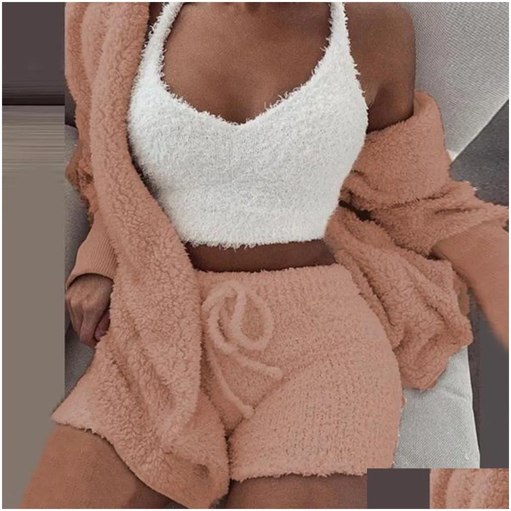 Plush Tracksuit Women 3 Pieces Set Sweatshirts Sweatpants Sweatsuit Jacket Crop Top Shorts Suit Sports Suit Jogging Femme11