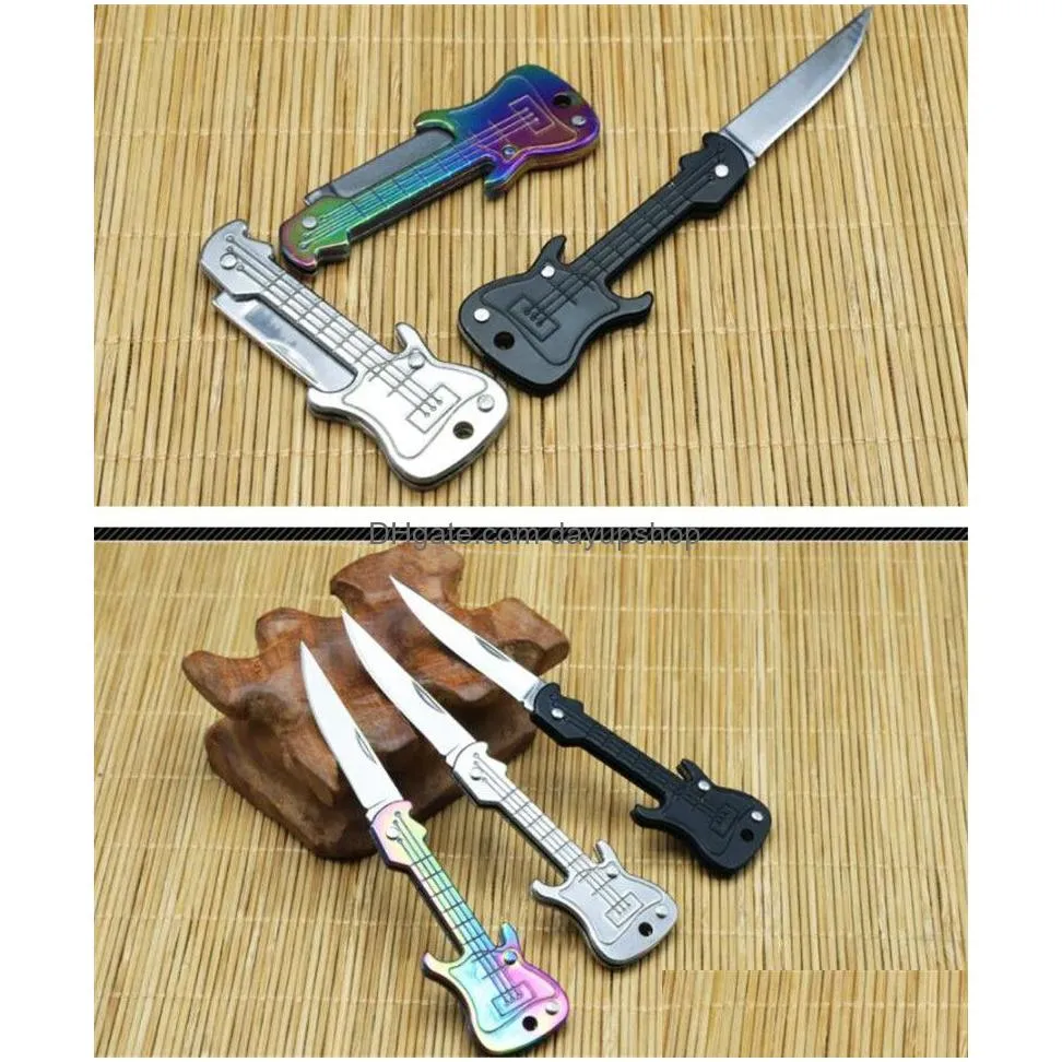 new guitar shape keychain knife mini folding knife outdoor camping hunting knives pocket fruit knife bag key pendant edc utility tools self defense