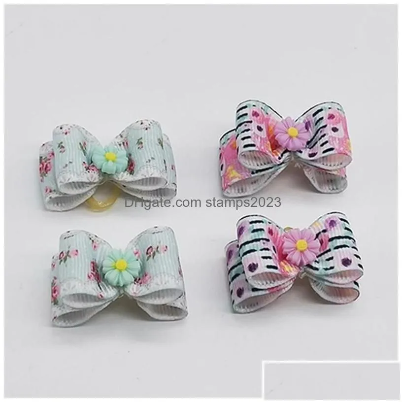 dog apparel pet headdress color printing tropical rain forest summer flower bow hair band grooming drop delivery home garden supplies