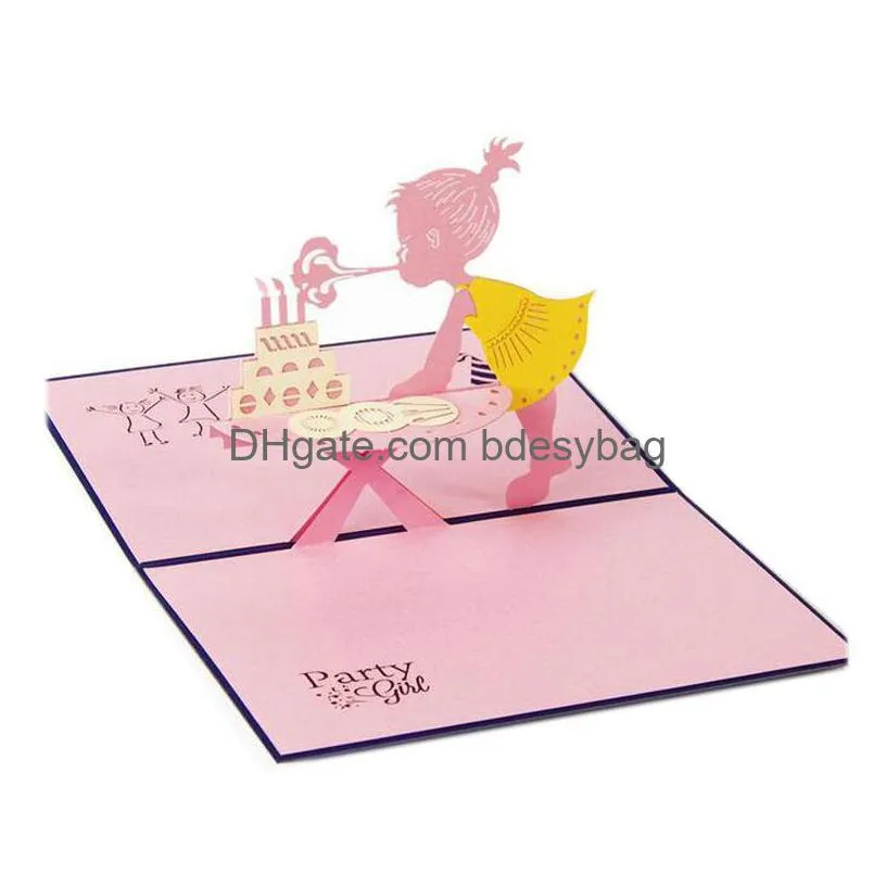 wholesale- hot sale greeting cards with envelope up 3d card beautiful foldable cut paper creative handmade girl children birthday gift