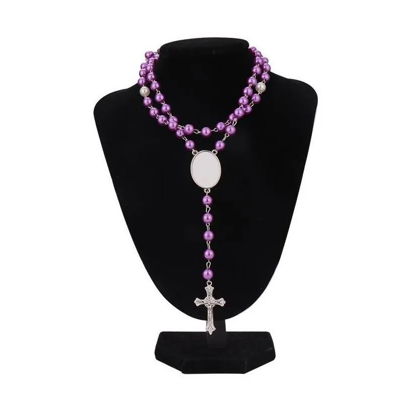 pendants 2022 trendy sublimation blank rosary necklace cross pendant with oval insert diy p os gift drop delivery home garden arts cr