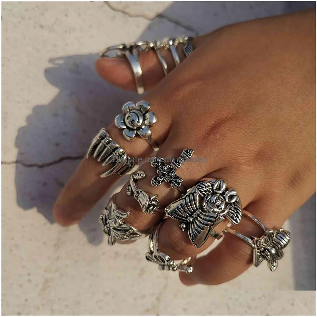 lost lady stylish skull heart flower angel for women hip hop exaggerated silver color finger rings whole jewelry