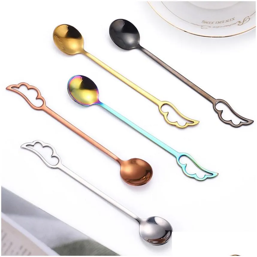 Angel Wing Tail Spoon Stainless Steel Home Kitchen Dining Flatware Feather Dessert Coffee Spoons Cutlery Home Bar Tool For Wedding
