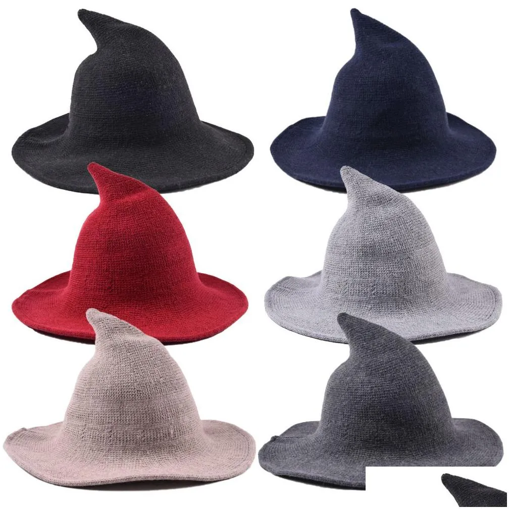 Party Hats Halloween Witch Hat Wool Cap Knitting Fisherman Hat Female Fashion Witch Basin Caps Q432